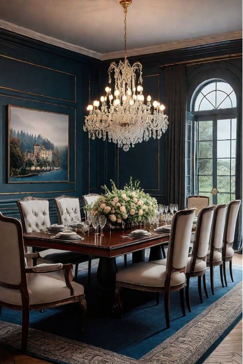 Stylish and modern dining room with statement chandelier Moody Blue Dining Room, Mughal Interior, 1800s Interior, English Country Dining Room, Navy Dining Room, Victorian Dining Room, Havenly Dining Room, Dining Room Teal, Dining Room Navy