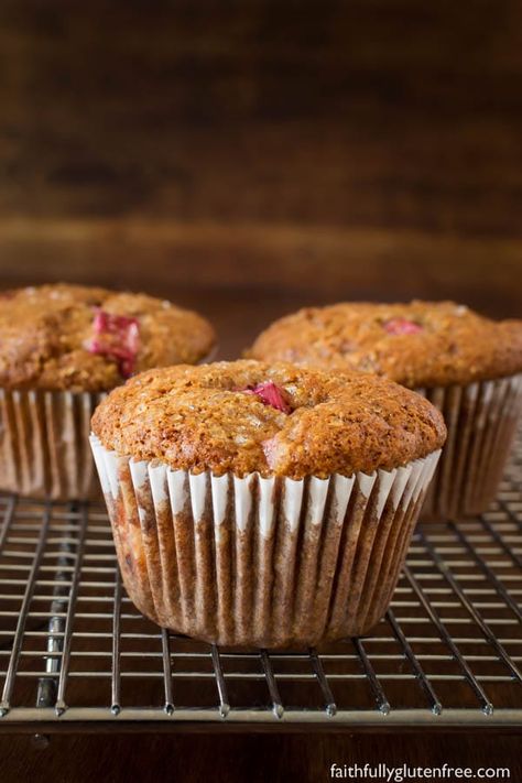 Gluten Free Rhubarb Muffins - Faithfully Gluten Free Rhubarb Muffins Gluten Free, Gluten Free Rhubarb Crisp, Gluten Free Rhubarb, Morning Glory Muffins Recipe, Rhubarb Cookies, Rhubarb Muffins, Gf Breakfast, Rhubarb Crisp, Gluten Free Cupcakes