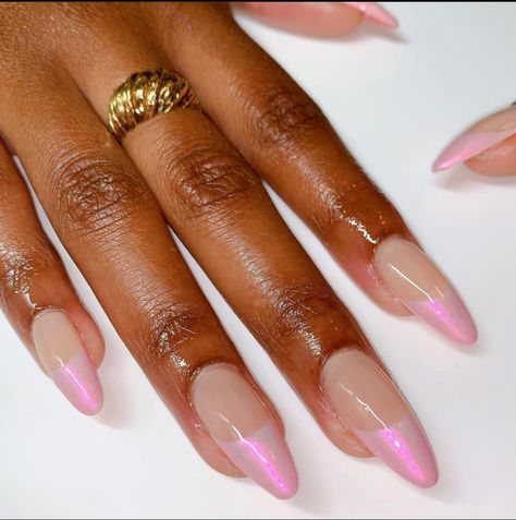 Iridescent Pink Nails, Green Gem Nails, Unique French Nails, Baby Pink French Nails, Pink Iridescent Nails, Baby Pink Chrome, Pink Tip Nails, Pink French Nails, Pink Chrome Nails