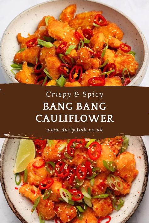 bang bang cauliflower Healthy Bang Bang Sauce, Bang Bang Cauliflower Air Fryer, Vegan Bang Bang Cauliflower, Bangbang Cauliflower, Sweet And Spicy Baked Cauliflower, Spicy Fried Cauliflower, Battered Cauliflower, Bang Bang Sauce Recipe, Bang Bang Cauliflower Recipe