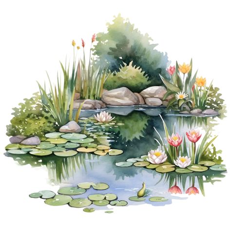 Pond Life Illustration, Pond Landscape Drawing, Forest Pond Art, Pond Landscape Painting, Frog Pond Illustration, Watercolor Pond Painting, Pond Illustration Art, Pond Landscaping Drawing, Watercolour Pond