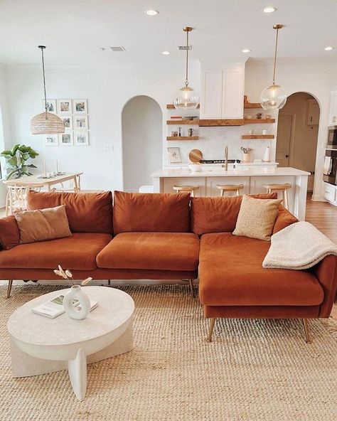 Terracota Sofa Interior Design, Terracotta Sectional Sofa, Teracota Sofa, Terra Cotta Sofa Living Rooms, Rust Orange Sofa Living Room, Boho Living Room Orange Couch, Boho Living Room Sofa, Orange Couches Living Room Ideas, Pink Brown Interior