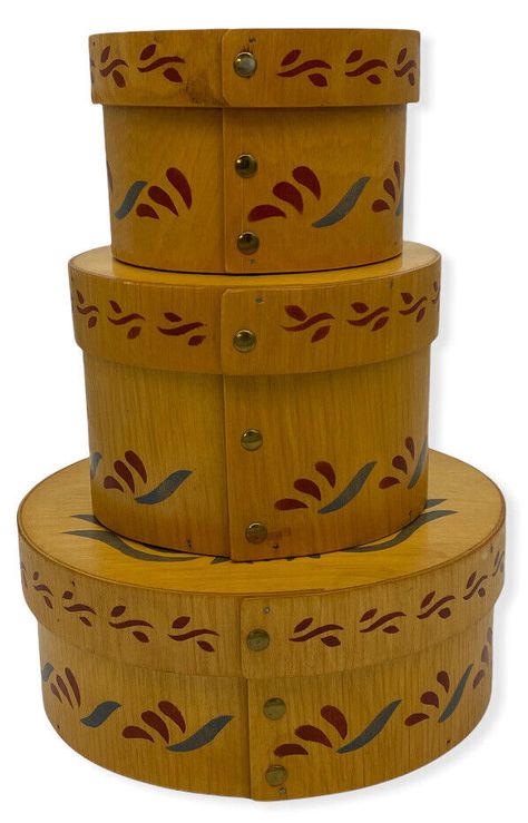 3 VINTAGE WOODEN ROUND PANTRY CHEESE BOXES FOLK ART COUNTRY PRIMITIVE FARMHOUSE Three different bentwood boxes that measure as follows Smallest box 6" diameter 4" tall Medium box 7" diameter 5" tall Largest box 10" diameter 4" tall I list new, vintage and extremely well cared for items unless otherwise specified. Please allow tolerance for differences in color due to lighting, monitors, etc. Please view all photos as they are considered part of the description. Please compare measurements to something you already own to ensure proper fit. All measurements are approximate. We are always happy to answer any questions you may have. Colonial Primitive Decor, Primitive Country Kitchen, Historical Decor, Cheese Boxes, Diy Christmas Gifts For Friends, Yellow Cottage, Cheese Box, Primitive Furniture, Primitive Farmhouse