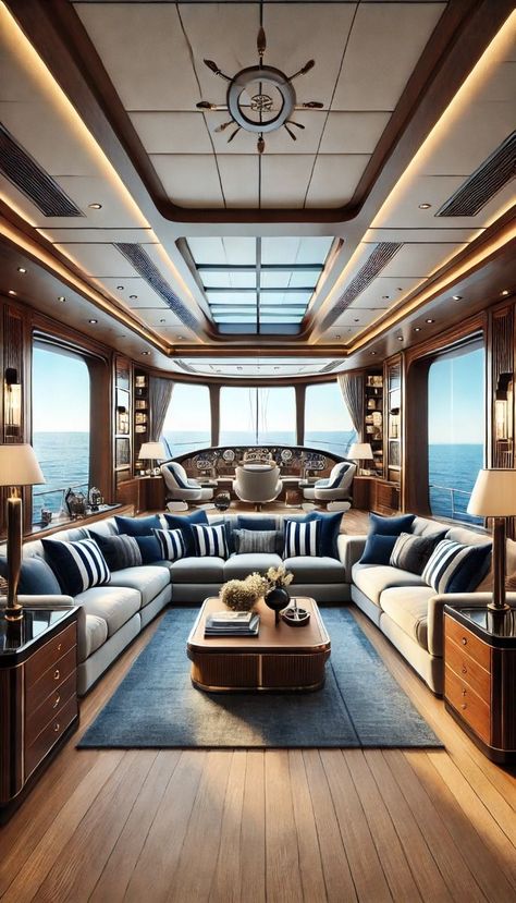 Luxury Nautical Interior, Yacht Living Room, Yacht Club Aesthetic, Yacht Club Decor, Yacht Living, Boat Renovation, Classic Modern Interior Design, Classic Modern Interior, Yacht Decor