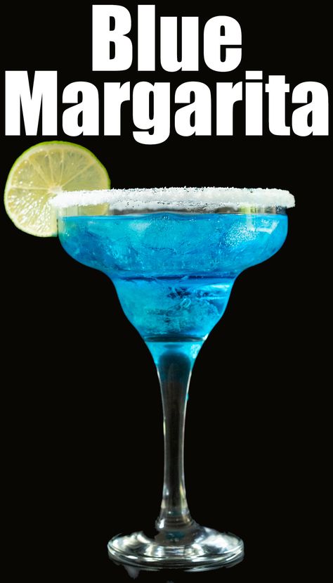 A margarita glass is filled with crushed ice and a bright blue liquid. It's garnished with a salt rim and a lime wheel. Text at the top reads "blue margarita". Margarita Pumpkin, Blue Margarita Recipe, Drink For Summer, Blue Margarita, Liquor Recipes, Margarita Cocktail, Summer Gathering, Blue Curacao, Classic Cocktail