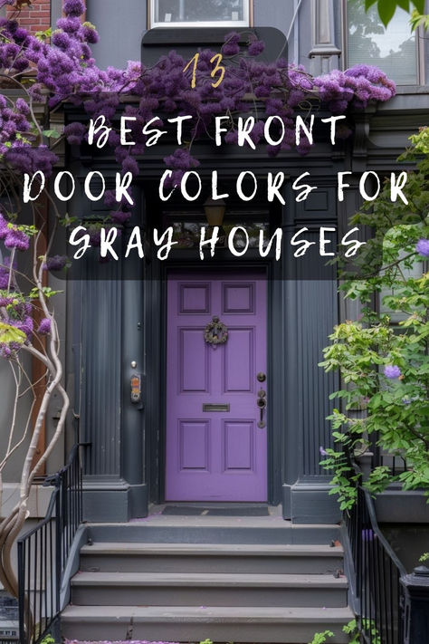 Looking for the perfect front door color for your gray house? Discover 10 stunning options that will make your home stand out. Click to explore! 🌟🚪 #HomeDecor #FrontDoorColors #GrayHouse #HomeInspo #ColorTips Pink Door Grey House, Charcoal House Front Door Color, Dark House Front Door Color, Purple House Door, Grey House Purple Door, Black House Door Color, Moody Front Door Color, Accent Front Door Color Grey House, Door Color On Black House