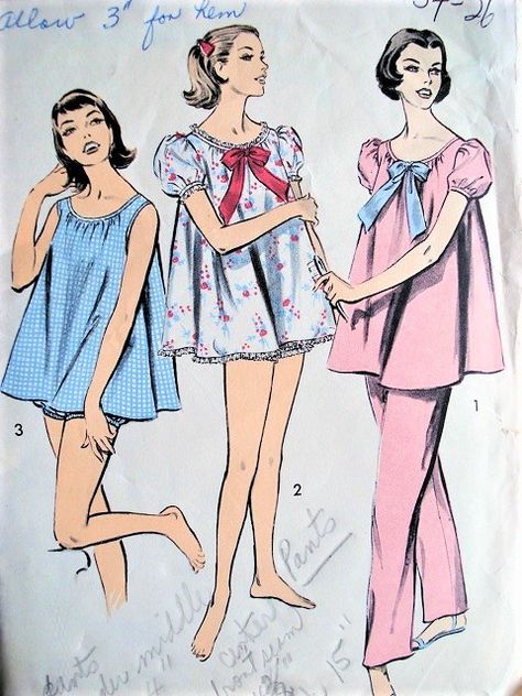 1950s Sleepwear, 1950s Pajamas, Flirty Pajamas, Sleepwear Pattern, Sleepwear Women Nightwear, Baby Doll Pajamas, 40s Mode, Nightgown Pattern, Lingerie Patterns