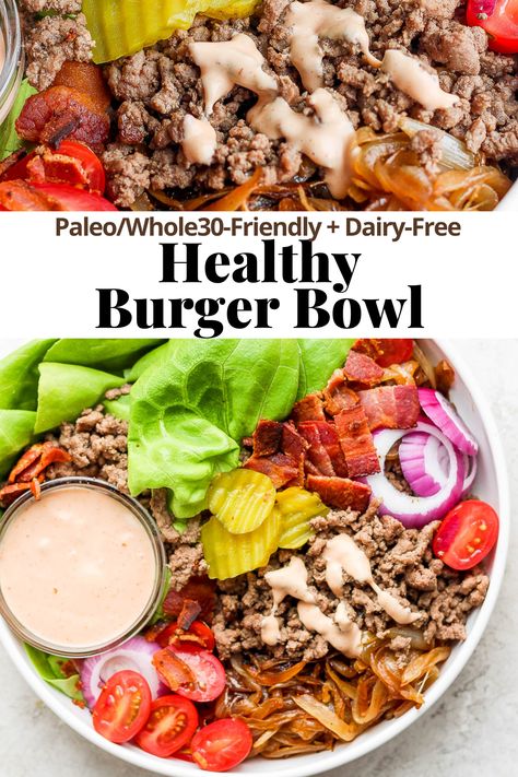 Healthy Hamburger Bowl Recipes, Whole 30 Burger Bowl, Hamburger Bowl Recipes, Healthy Burger Bowl, Natural Meals, Burger Bowl, Burger Bowls, Wooden Skillet, Bowls Recipes