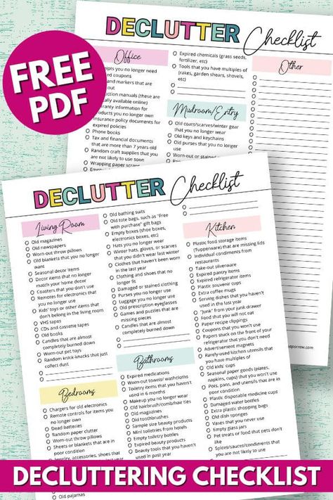 Is your house a cluttered mess? Need to declutter room by room but don't know where to start because you're too overwhelmed? Use this free printable decluttering checklist to help! Great printable list of over 100 things to get rid of and declutter your house! Declutter Printables Free, House Declutter List, 50 Things To Declutter, Declutter House Checklist, List Of Things To Declutter, Declutter By Room, Decluttering List Printables, Declutter List Printables, Room Organization List