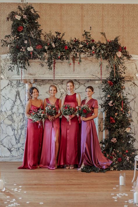 We love these cranberry bridesmaid dresses | Image by Imogen Eve Photography Berry Colored Bridesmaid Dresses, Pomegranate Bridesmaid Dresses, Deep Pink Bridesmaid Dresses, Red And Pink Bridesmaid Dresses, Christmas Bridesmaid Dresses, Cranberry Wedding Colors, Bridesmaid Dresses Winter, Berry Bridesmaid Dresses, Cranberry Bridesmaid Dresses