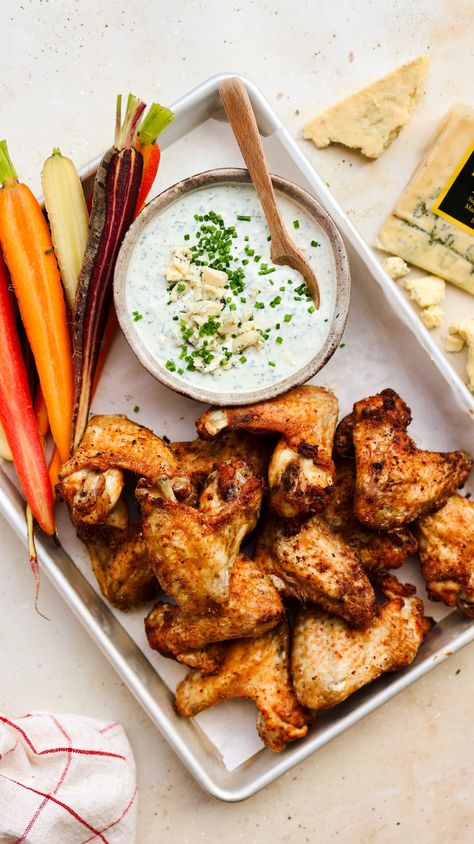 Crispy Chicken Wings with Heysen Blue Cheese Sauce - Udder Delights Farmer Recipes, Blue Cheese Recipes, Tapas Party, Blue Cheese Sauce, Party Dip, Crispy Chicken Wings, Cauliflower Wings, Fresh Chives, Party Foods