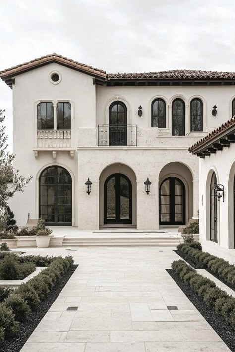 Mediterranean villa inner courtyard the villa has creamy stone lower facade and creamy stucco upper facade windows and doors are arched with ornate. The charm, design elements, and standout features make villas the epitome of luxury retreats. And what if you lived in one? Mediteranean Villas, Greek Villas Architecture, Lebanese Architecture Villas, Mediterranean Elevation, Mediterranean Resort Architecture, Plush Lounge Chair, Black Marble Floor, Mediterranean Houses, Mosaic Walkway