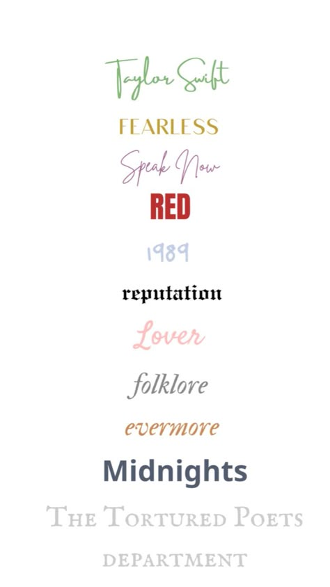 Will try to post the names of each font!🩷 Taylor Swift Album Name Fonts, Taylor Swift Album Names Font, Taylor Swift Album Fonts, Taylor Swift Album Titles, Taylor Swift Fonts, Album Names, Taylor Name, Fan Ideas, Taylor Concert