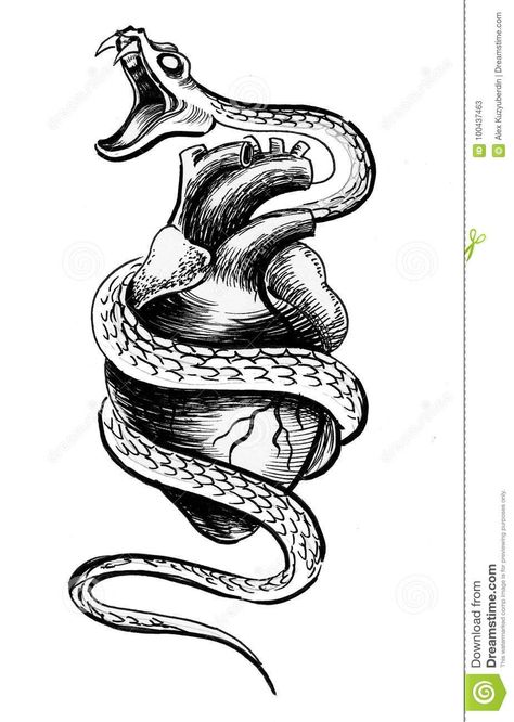 Snake Protecting Heart Tattoo, Double Headed Snake Drawing, Snake With Fangs Tattoo, Snake And Heart Drawing, Snake With Open Mouth Drawing, Creepy Snake Drawing, Snake Drawing Mouth Open, Snake Heart Tattoo Design, Open Mouth Snake Tattoo