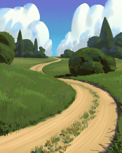 Forest Road Drawing, Landscape Drawing Simple, Environmental Art Drawing, Paul Rabaud, Procreate Backgrounds, Procreate References, Procreate Landscape, Hill Drawing, Path Illustration