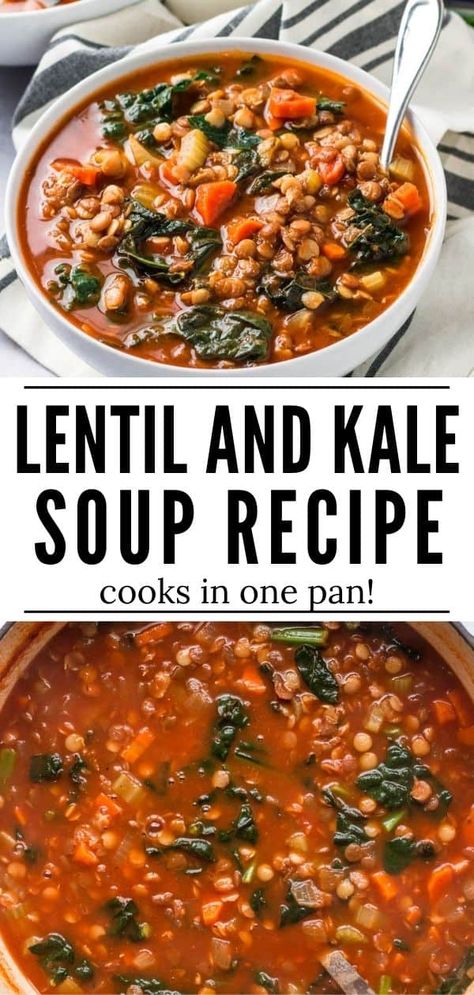 This lentil and kale soup is packed with veggies, lentils and seasonings. It comes together easily in one pan and tastes great as leftovers. Veggie Soup With Kale, Red Lentil Kale Soup, Keto Lentil Soup Recipes, Healthy Lentil Veggie Soup, Easy Vegetarian Lentil Recipes, Lentils And Veggies, Kale Lentil Soup Crock Pot, Kale In Soup, One Pot Lentil Soup