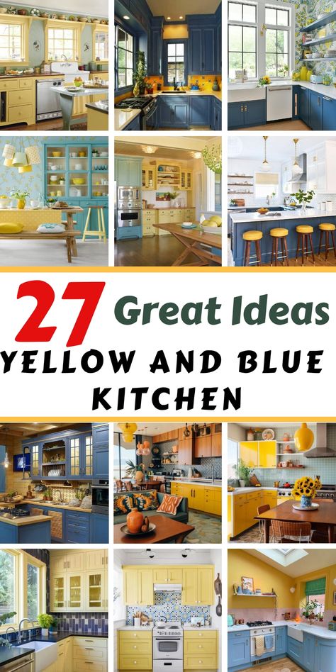 Light Yellow Kitchen Ideas, Blue And Yellow Kitchens, Yellow Kitchen Cupboards, Seafoam Cabinets, Yellow And Blue Kitchen, Blue And Yellow Kitchen, Yellow Kitchen Accents, Yellow Kitchen Walls, Navy Blue Kitchen Cabinets