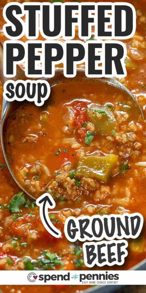 Stuffed Green Pepper Soup is easy to make with just a few minutes of prep time. Ground beef, sausage, bell peppers are simmered until tender. Add in rice to serve. It freezes well and reheats beautifully! #stuffedpeppersoup #soup #recipe #spendwithpennies Stuffed Green Pepper Soup, Stuffed Pepper Soup Crockpot, Stuffed Green Pepper, Green Pepper Soup, Bell Pepper Soup, Comfort Soup Recipes, Beef Soup Recipes, Stuffed Pepper, Pepper Soup