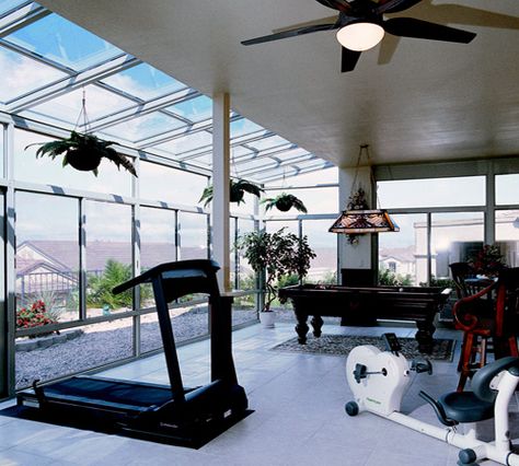 Sunroom Exercise Room Ideas | Sunquest Living Maryland Balcony Gym Ideas, Large Sunroom Ideas, Terrace Gym, Sunroom Office Ideas, Exercise Room Ideas, Balcony Gym, Solarium Room, Big Balcony Ideas, Large Sunroom