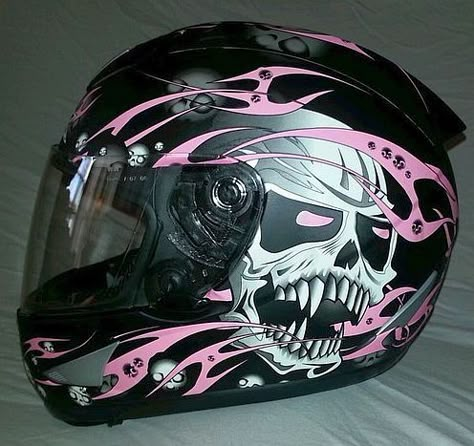 AFX Helmet (Women's Used Motorcycle Helmets, Black w/ Pink Skulls, Ladies Streetbike Motorcycle Helmets Black, Pink Motorcycle Helmet, Pink Helmet, Cool Bike Helmets, Motorcycle Helmet Design, Pink Motorcycle, Cool Motorcycle Helmets, Motocross Love, Image Moto