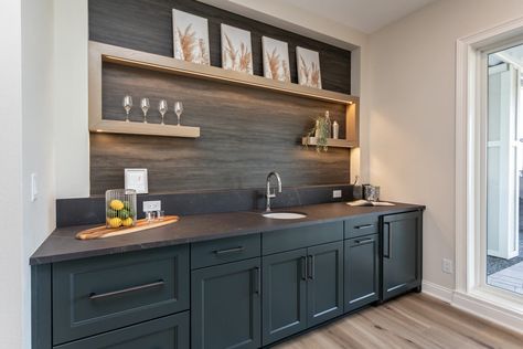 Bold Basement Bar – CKF Basement Bar Grey Cabinets, Basement Bar Ideas Full Fridge, Basement Dry Bar With Full Size Refrigerator, Basement Wet Bar Full Size Fridge, Basement Bar Full Size Fridge, Basement Bar Cabinets, Diy Basement Bar, Gray Basement, Basement Wet Bar