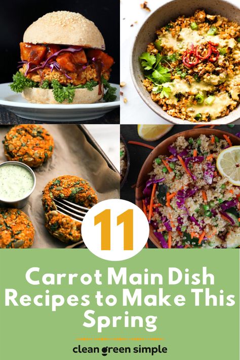 11 CARROT MAIN DISH RECIPES TO MAKE THIS SPRING - Welcome the spring season with these delicious vegan carrot main dishes. From carrot "hot dogs" to roasted carrot salad, there's something for everyone on this list. #cleangreensimple #carrotrecipes #springrecipes Carrots Main Dish, Carrot Recipes Main Dish, Carrot Main Dish, Spring Vegan Recipes, Healthy Rice Bowls, Carrot Hot Dogs, Roasted Carrot Salad, Lunch Planner, Quick Vegan Recipes