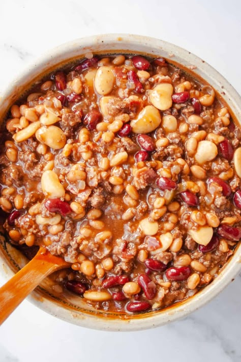 Calico Baked Beans - The Darling Apron Canning Calico Beans, Best Calico Beans Recipe, Bean Bake Recipe, Bake Beans With Ground Beef, Hillbilly Beans, Baked Beans With Ham, Quick Baked Beans Recipe, Sweet Beans Recipe, Calico Baked Beans