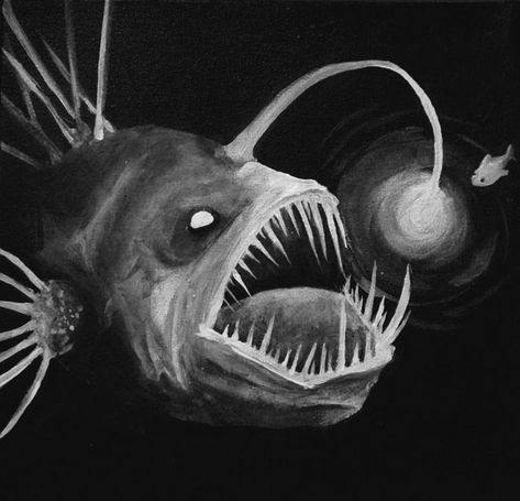 Cool Fish Drawing, Anglerfish Drawing, Anglerfish Art, Angler Fish Reference, Deep Sea Fish Drawing, Scary Sea Creatures Art, Scary Sea Animals, Deep Sea Monsters Art, How To Draw An Angler Fish