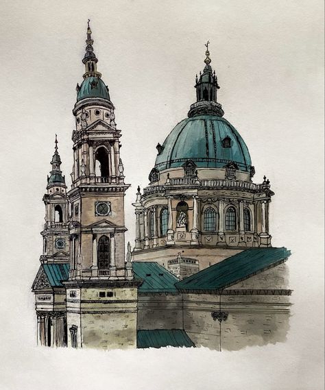 Budapest, Basilica, sketch, painting, watercolor, ink Building Painting Watercolor, Famous Architectural Buildings Sketches, Building Structure Sketch, Old Architecture Sketch, Watercolor Buildings Architecture, Budapest Sketch, Old Architecture Drawing, Watercolor Architecture Sketches, Old Building Sketch