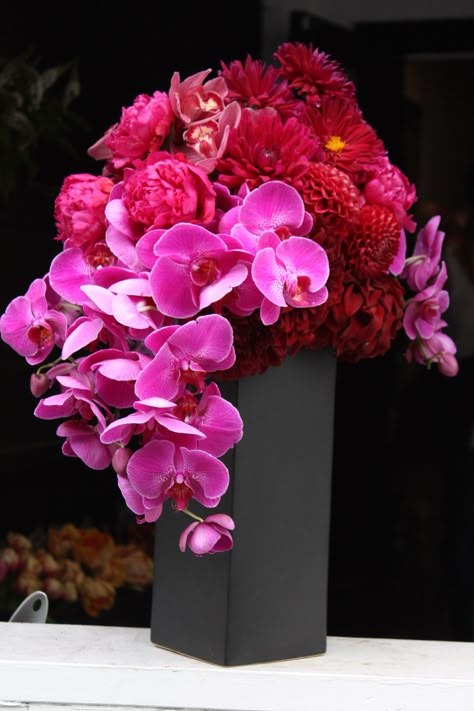 Rich jewel-toned arrangement with phalaenopsis orchids, peonies and dahlias - by Botany Flowers Orchid Flower Arrangements, Corporate Flowers, Creative Flower Arrangements, Orchid Arrangements, Modern Flower Arrangements, Phalaenopsis Orchid, Beautiful Flower Arrangements, Modern Flower, Arte Floral