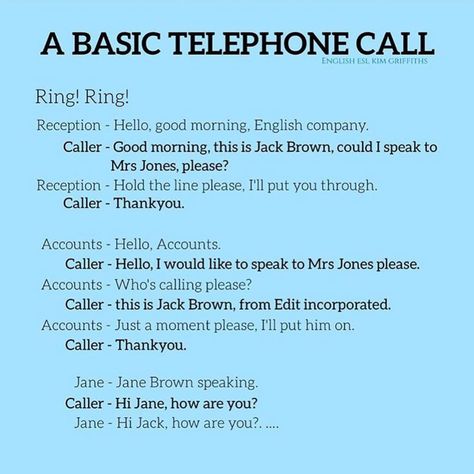 How are your telephone skills in English? Here is an example conversation. . . . . . #englishclass #english #learnenglish #learningenglish… Phone Conversation English, Telephone Conversation English, Speaking Activities English, Life Skills Classroom, English Conversation, Advanced English, Conversational English, Speaking Activities, Instagram Graphic