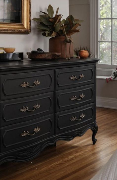 Cottage Core Dresser, Cottage Core Bedroom, Dark Cottage Core, Antique Bedroom Furniture, Gothic Interior, Dresser Ideas, Black Dresser, Basement Kitchen, Furniture Flips