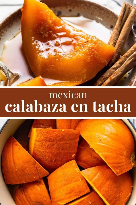 Calabaza en Tacha, or Mexican candied pumpkin, is a traditional Mexican dessert made from pumpkin, piloncillo, cinnamon, cloves, and orange zest. This sweet and comforting dish features tender pumpkin served in a thick and luscious syrup ideal for enjoying in colder temperatures. Pumpkin With Piloncillo, Mexican Pumpkin Candy, Pumpkin Mexican Recipes, Mexican Calabaza Recipes, Mexican Candied Pumpkin, Candied Pumpkin Mexican, Mexican Pumpkin Soup, Mexican Pumpkin Recipes, Calabasas Recipe Mexican