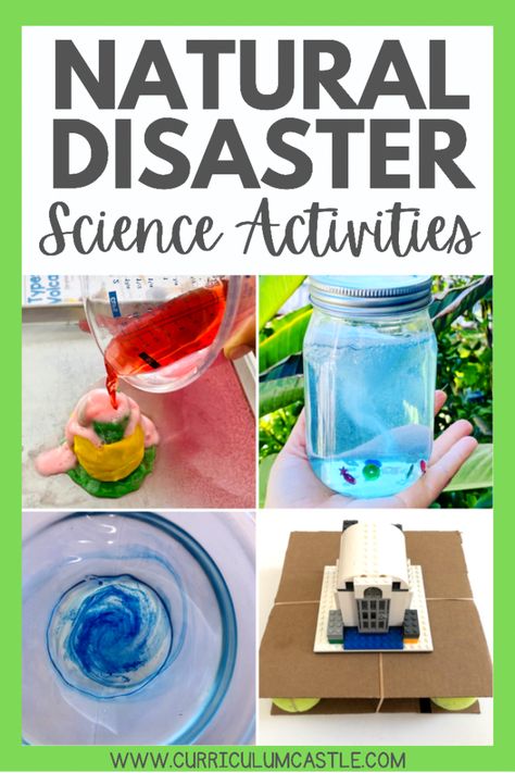 Easy and fun natural disaster science activities for kids! Students will explore four hands on science activities that include: Tornado in a Jar, Hurricane in a bowl, erupting Volcano, and Earthquake shake table challenge. Science Projects Kids, Atmosphere Activities For Kids, Hands On Earth Science Activities, Nature Science Experiments, Natural Hazards Activities, Science For Primary Students, Hands On Science Activities For Kids, Natural Disasters Activities For Preschool, Fun Science Activities For Kids