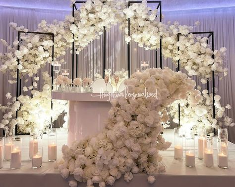 AngelinaPersonalized - Etsy UK Large White Bridal Bouquet, Flower Arch Wedding Ceremony, Head Table Decorations Wedding, Bride And Groom Backdrop, Sweetheart Table Wedding Elegant, Bride And Groom Table Ideas, Extravagant Wedding Reception, Wedding Ideas Church, All White Wedding Decor