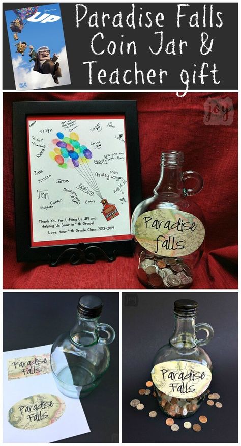 Need a class gift idea for a teacher? This is the perfect end of the year teacher gift (especially if they are Pixar or Disney fans!). Check out how we made our very own Up Paradise Falls Coin Jar as well as an Up balloon schoolhouse card to go with it. Our teacher loved this creative gift from the whole class! Birthday Gifts For Teachers, Appreciation Crafts, Teacher Appreciation Crafts, Room Parent, Coin Jar, Movie Crafts, Balloon Card, Paradise Falls, Disney Classroom