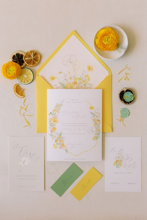 Mediterranean Countryside Wedding Inspiration In Shades Of Yellow Italian Countryside Wedding Invitation, Yellow Theme Wedding Invitation, Italian Garden Wedding Invitation, Pale Yellow Wedding Invitations, Pastel Yellow Wedding Invitations, Italy Wedding Color Scheme, White And Yellow Wedding Theme, Yellow Wedding Invites, Medditeranean Wedding