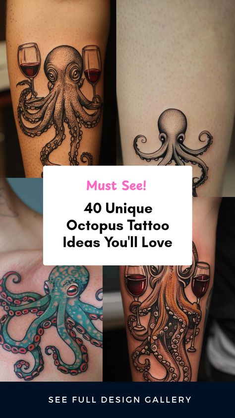 Explore 40 stunning octopus tattoo designs that capture the beauty and symbolism of these mysterious sea creatures. The pin features 4 unique images that showcase intricate artistic styles and themes, inspiring your next tattoo. Octopus Shoulder Tattoo Men, Octopus Holding Things Tattoo, Octopus Cover Up Tattoo, Octopus Elbow Tattoo, Ocean Sleeve Tattoo Women, Simple Octopus Tattoo, Mini Octopus Tattoo, Octopus Tattoos Thigh, Blue Ringed Octopus Tattoo