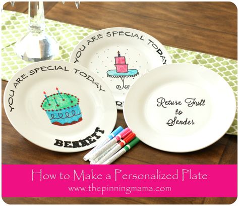 DIY How to Make a Personalized Birthday Plate www.thepinningmama.com | The Pinning Mama How To Paint On A Plate, How To Paint A Plate Diy, How To Paint A Plate, Diy Birthday Plate Decorating, Diy Plate Painting, Paint Your Own Plate, Diy Painted Plate, Kids Birthday Plate Diy, Happy Birthday Plate Diy