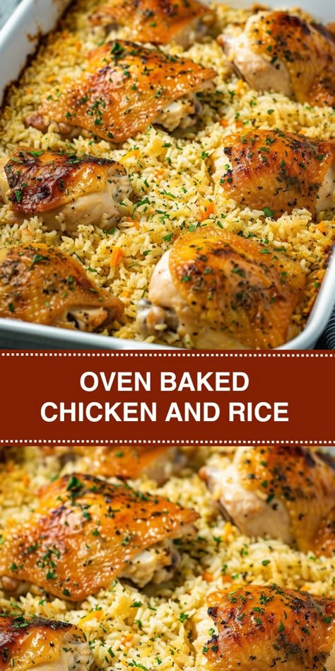 Looking for an easy and delicious dinner idea? Try our Oven Baked Chicken and Rice recipe! With juicy chicken thighs, flavorful rice, and minimal prep, it's perfect for busy weeknights. Plus, it's all made in one pan for easy cleanup! Oven Baked Chicken And Rice, Chicken Breast Casserole Recipes, Baked Chicken And Rice, Chicken Breast Casserole, Chicken And Rice Recipe, Chicken And Rice Casserole, Oven Baked Chicken, Chicken And Rice, Rice Casserole