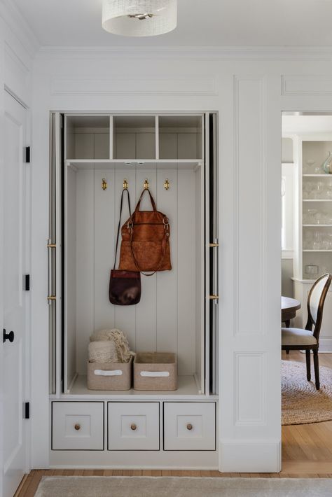 A Hidden Mudroom Brings Beauty and Functionality to This Historic Home - Haven Hidden Mudroom, Small Mudroom Ideas, Greenwich House, Mudroom Remodel, Entry Closet, Entryway Closet, Mudroom Entryway, Mudroom Decor, Small Entryways