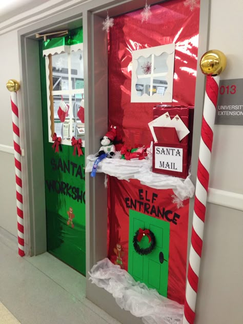 Holiday Themed Door Decorations, Santa Workshop School Hallway, Christmas Door Decorating Contest Two Doors, Letters To Santa Door Decoration, Santas Toy Shop Door Decoration, Santas Workshop Classroom Door Ideas, Santa’s Workshop Hallway Decorations, Santa’s Workshop Door Decorating, Elf Workshop Door Decorations