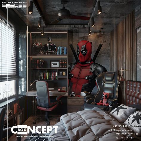 #deadpoolwolverine #themedinteriors Call us to know more #marvel #deadpool #wolverine #disney #movie #mcu #red #yellow Wolverine Deadpool 3 Suit, Deadpool 4th Wall Break, Deadpool And Wolverine Theatre, Deadpool Wolverine Movie Poster, Deadpool Wolverine Origins, Superhero Room, Deadpool Wolverine, Room Set, X Men