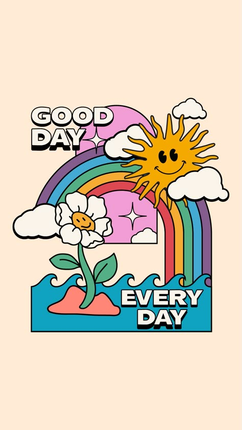 Everyday Good Day. A sunny weather lover's gift idea for those who love retro illustration and motivational design. Whether for a birthday, Christmas, or as a gift in general, it makes a great gifting item on a t-shirt, mug, hoodie and so much more.

everyday is good, better days, sun, sun illustration, vintage illustration, retro sun illustration, flower, rainbow, sea, clouds, funny, happy sun, cute sun, motivational, positive, vintage character, cartoon, pink, purple, yellow, orange Sun Illustration, Sunny Weather, Graphic Design Fun, Cute Patterns Wallpaper, Retro Illustration, Poster Vintage, Cute Wallpaper Backgrounds, Retro Art, Graphic Design Posters