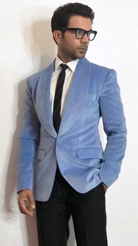 Rajkummar Rao looking slick in a Powder Blue Velvet Jacket and Black Trousers at the Hello Hall of Fame 2018. #SSHOMME #SSHOMMEBespoke #SSHOMMECelebs #Tuxedo #Suit #Jacket #BollywoodFashion #Menswear #MensFashion Powder Blue Blazer Outfit, White Wedding Suits For Men, Blazer Outfits For Men, Rajkumar Rao, Velvet Blazer Outfit, Blue Velvet Jacket, Blue Velvet Suit, Blue Blazer Outfit, Rajkummar Rao