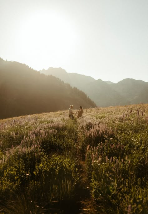 Utah Mountain Engagement Photos, Wedding In Wildflower Field, Albion Basin Photography, Wildflower Field Engagement Photos, Wild Flower Engagement Photos, Engagement Mountain Photos, Mountain Couple Aesthetic, Meadow Engagement Photos, Flower Field Engagement Photos