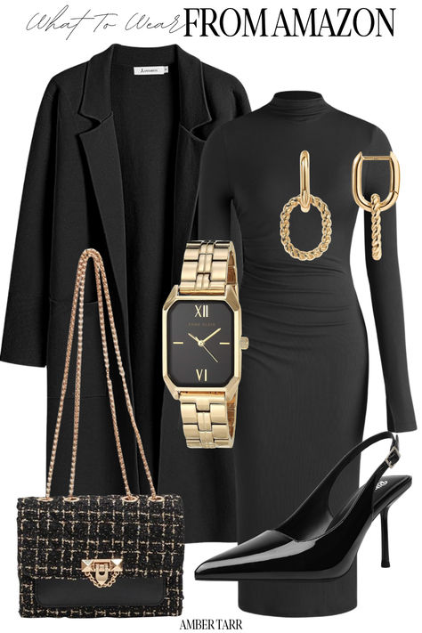 We all need an all black elegant outfit thats affordable!! All Black Formal Women, Dressing Rich Outfits, Winter Night Out Outfits For Women, Fancy Restaurant Outfit Winter, Winter Chic Outfits Classy, All Black Affair Outfits, Rich Outfits Classy Winter, Grown And Classy Outfit Black Women, All Black Elegant Outfit