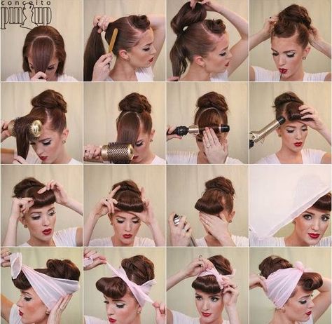 Vintage Bangs, Faux Bangs, Vintage Hairstyles Tutorial, 1950s Hairstyles, 50s Hairstyles, Bangs Tutorial, Rockabilly Hair, Pin Up Hair, Penteado Cabelo Curto