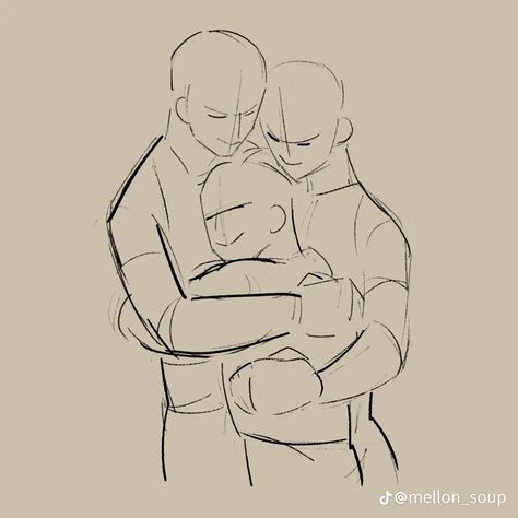 Art Reference Family, Drawing Poses Giving Gift, Sneaky Poses Reference, Drawing Reference Poses Three People, Poly Couple Poses Drawing Reference, Wholesome Drawing Poses, Bashful Pose Reference, Two Characters Interacting Reference, Three Person Hug Reference