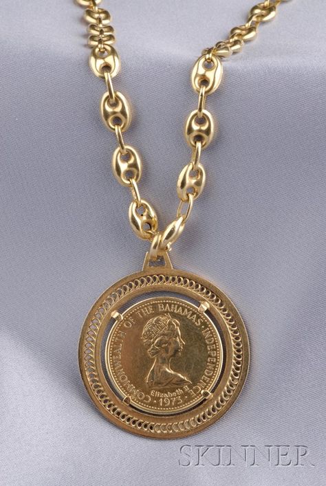 14kt Gold Coin Pendant and Chain | Sale Number 2487, Lot Number 78 | Skinner Auctioneers Gold Coin Jewelry, Gold Coin Pendant, Ancient Coin, Gold Coin Necklace, Gold Chains For Men, Indian Jewelry Sets, Gold Coin, Coin Jewelry, Vintage Jewels